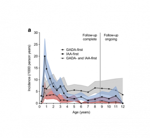 Diagram med ålder på x-axeln och antal fall (1 per 1000 personer per år) på y-axeln. Linjer som visar när autoantikropparna GADA, IAA samt när båda kommer först. Bild.