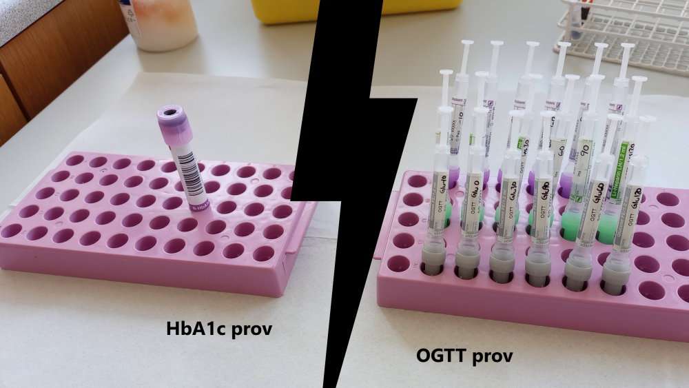Ett HbA1c prov till vänster och 18 OGTT prov till höger. Bild.