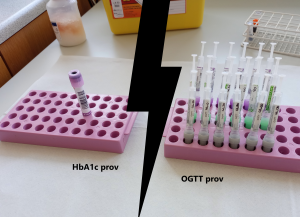 Ett HbA1c prov till vänster och 18 OGTT prov till höger. Bild.