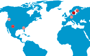Karta över platser där celiaki är vanligast hos TEDDY barn. Platserna är markerade med en stjärna med varierande färg. Starkast färg högst antal procent celiakidiagnos. Sverige 3 procent, Colorado 2.4 procent, Finland 1.8 procent, Tyskland 1.3 procent, Georgia 1.2 procent och Washington 0.9 procent. Bild.