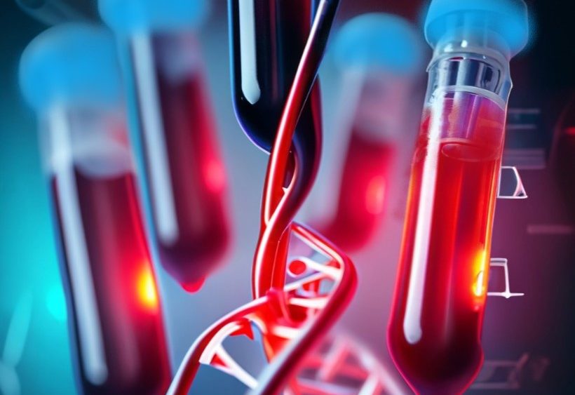 Illustrationsbild med blodrör som skakas och en DNA sträng som kommer från röret. AI genererad bild från Adobe Express.