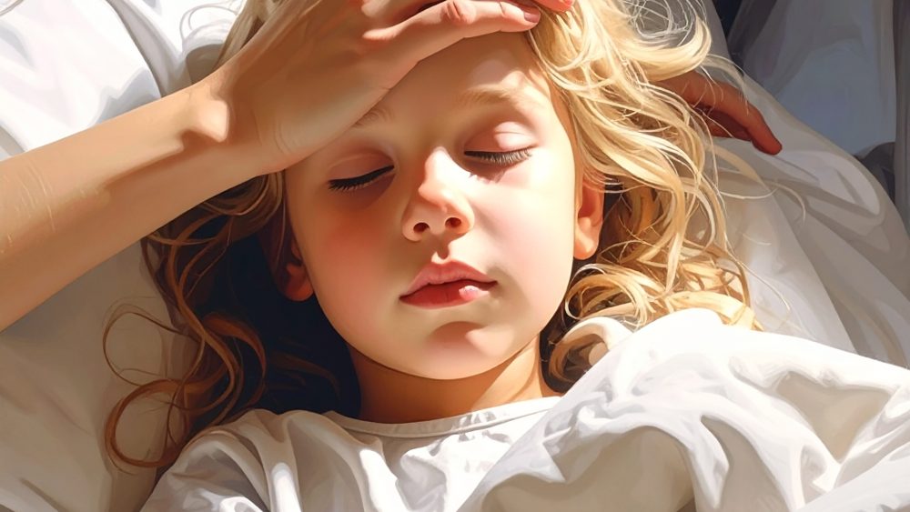 Flicka nedbäddad i sängen. Mamma ha sin hand på hennes panna. AI genererad bild från Adobe express.