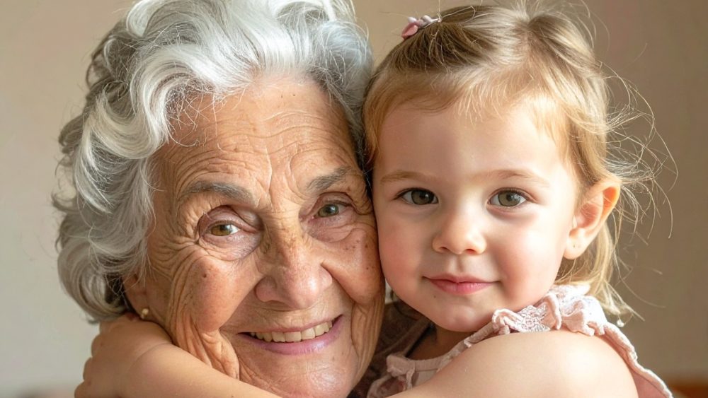 Mormor och barnbarn som kramar om varandra. AI genererad bild från Adobe photo.