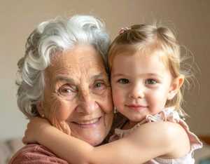 äldre dam med grått hår har ett barn i famnen. Bild.