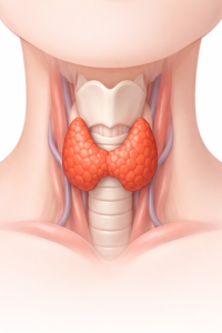 Bild som visar var sköldkörteln sitter i mitten av halsen. Bild AI genererad av Adobe Express.